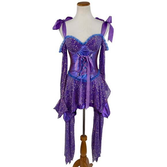 NWT Dolls Kill Purple Fairy Sequin Corset Mini Dress Wings Garters Costume Rave - Picture 3 of 16
